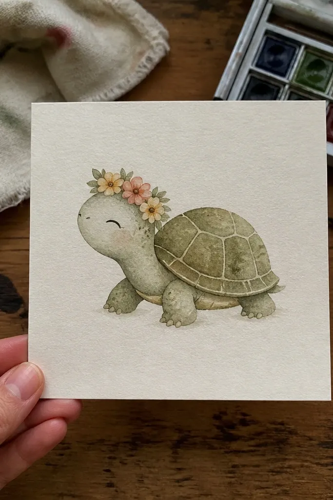 Cozy turtle with a small flower crown on its head and soft pastel colors