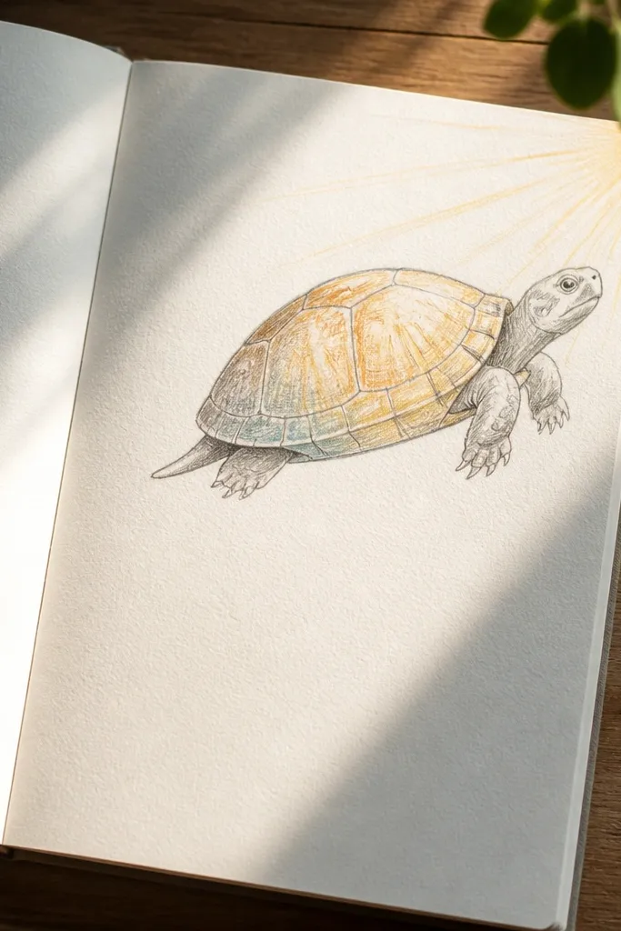 Turtle in a corner with simple sun rays and warm highlights on the shell