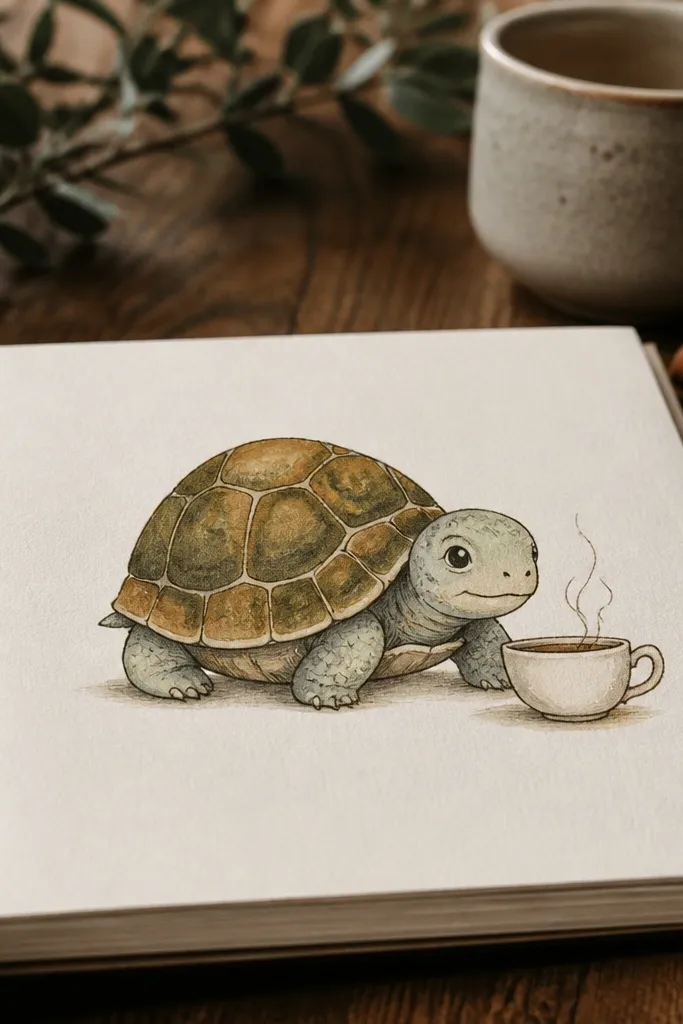 Turtle sitting next to a small cup with steam lines