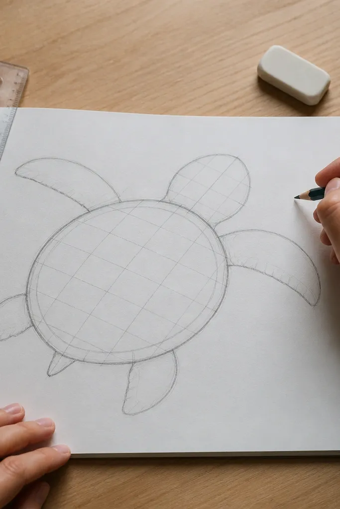 Turtle drawing with faint grid guide lines over the shell and head