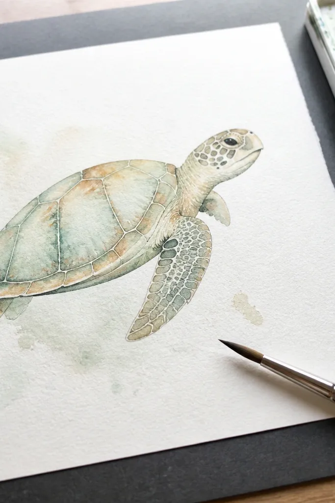 Turtle with gentle watercolor wash shading and light paper texture