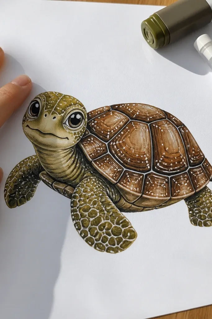 Turtle colored with markers and finished with white gel pen highlights