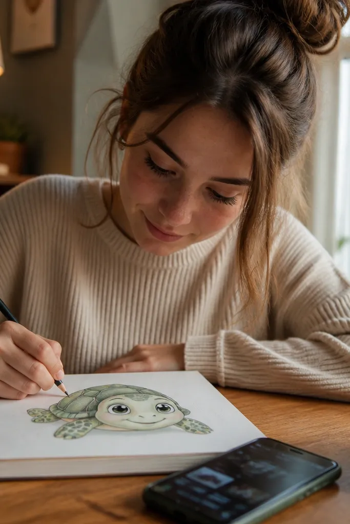 Turtle with oversized eyes, small smile, and pastel shell segments