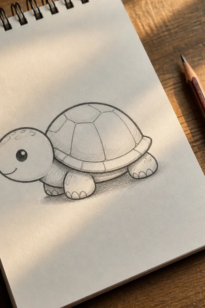 Turtle drawn in side profile with curved shell and visible leg shapes