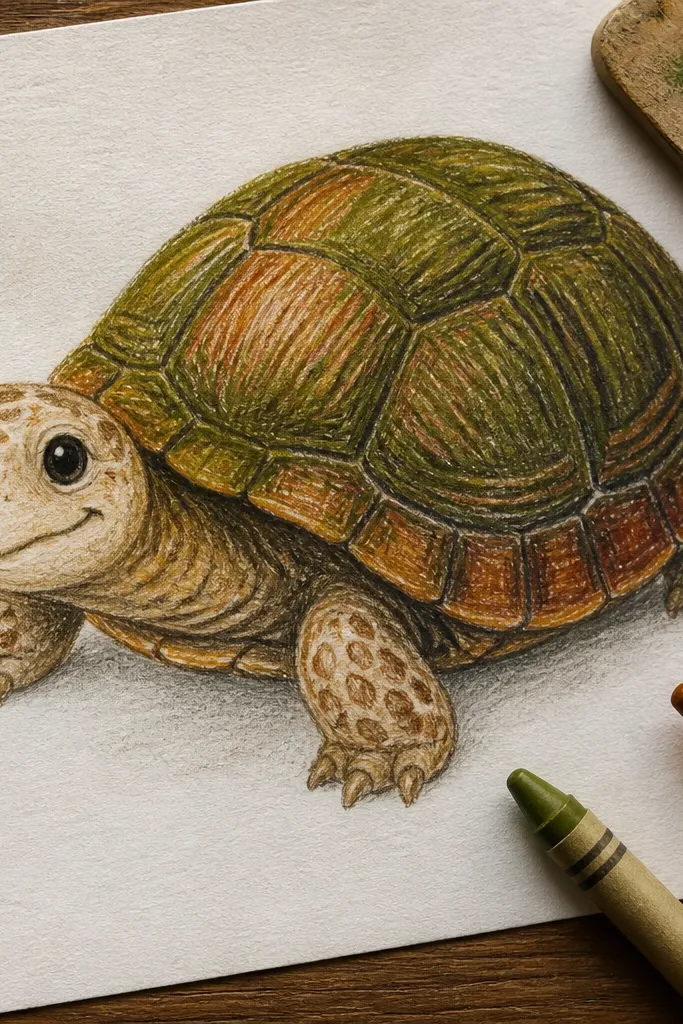 Turtle colored with chunky crayon-like strokes and visible texture