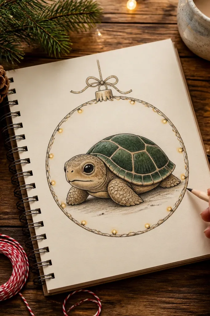 Turtle inside a round ornament shape with tiny ribbon and lights