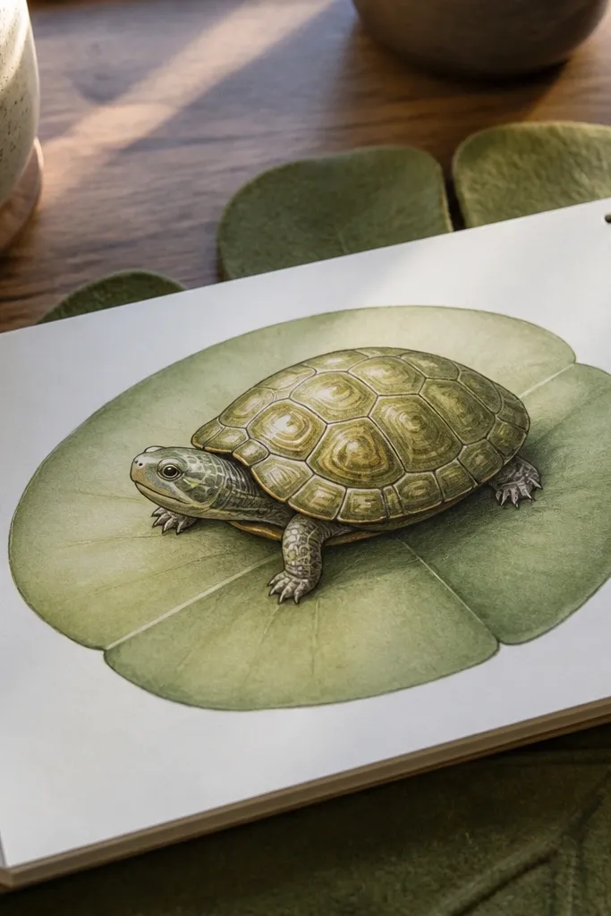 Turtle sitting on a single large leaf with simple veins