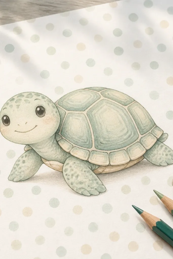 Turtle in front of a polka dot background with warm pastel dots