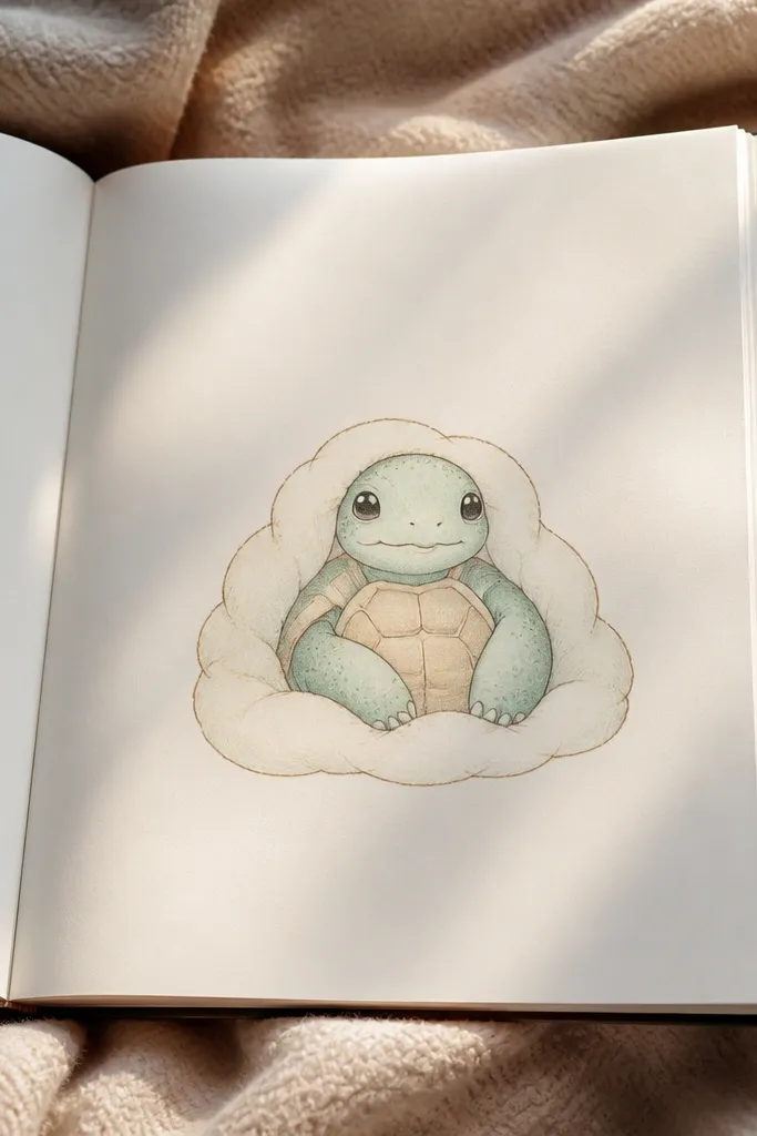 Turtle under a soft cloud-like blanket shape with gentle outlines