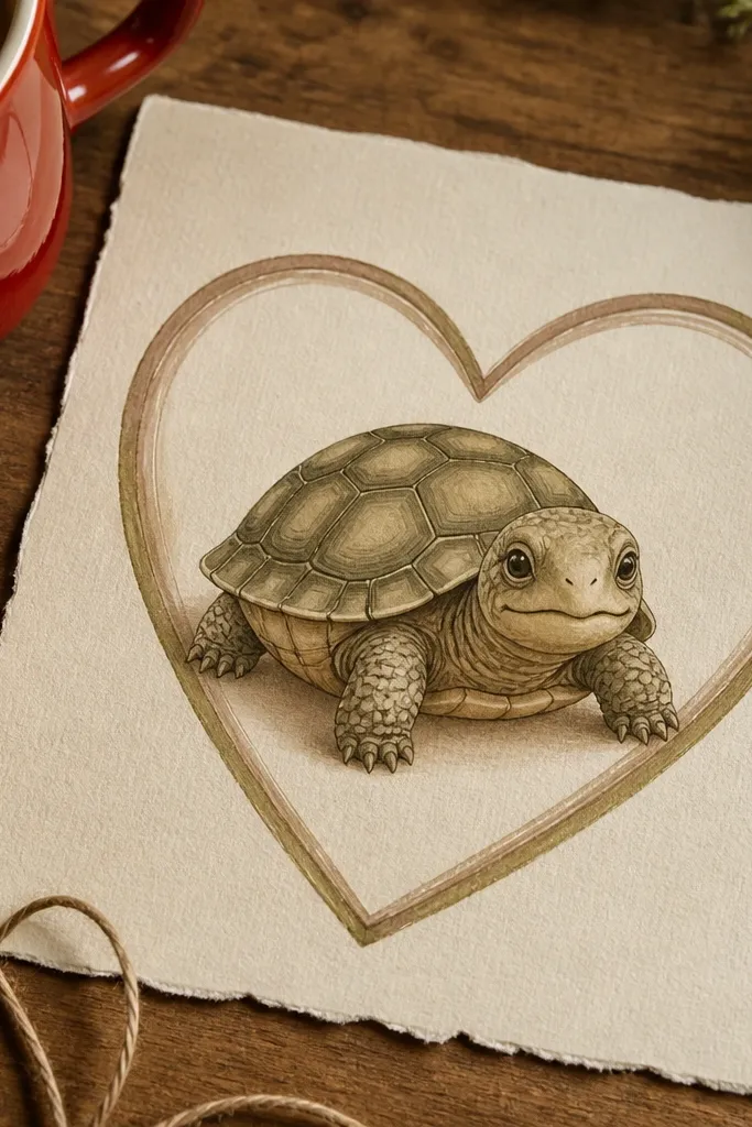 Turtle centered inside a heart outline with soft pastel coloring