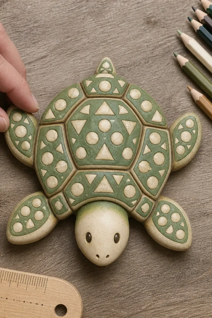 Turtle with a shell pattern of small triangles and circles in pastel colors