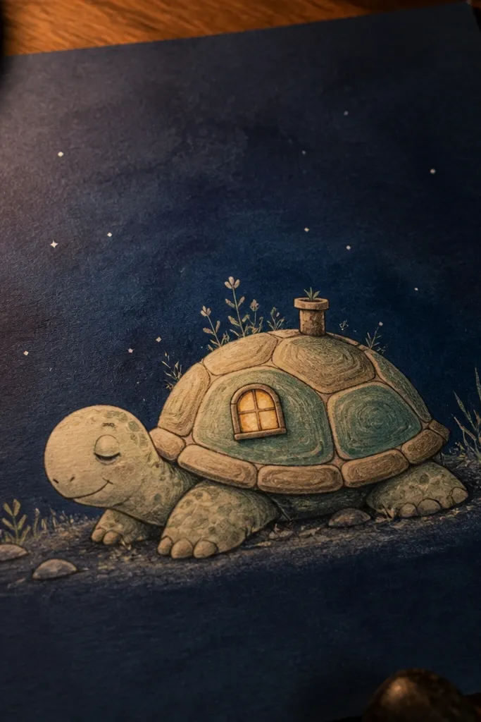Turtle with a dark blue background and a few tiny stars behind it