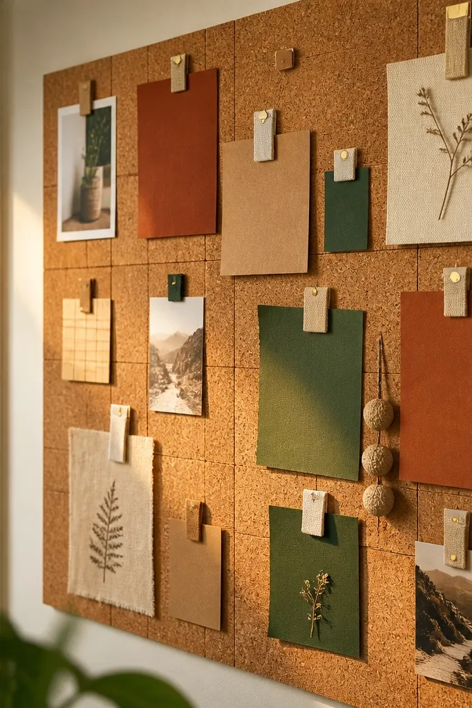 Cork tiles pinned with fabric-backed clips and warm paper cutouts