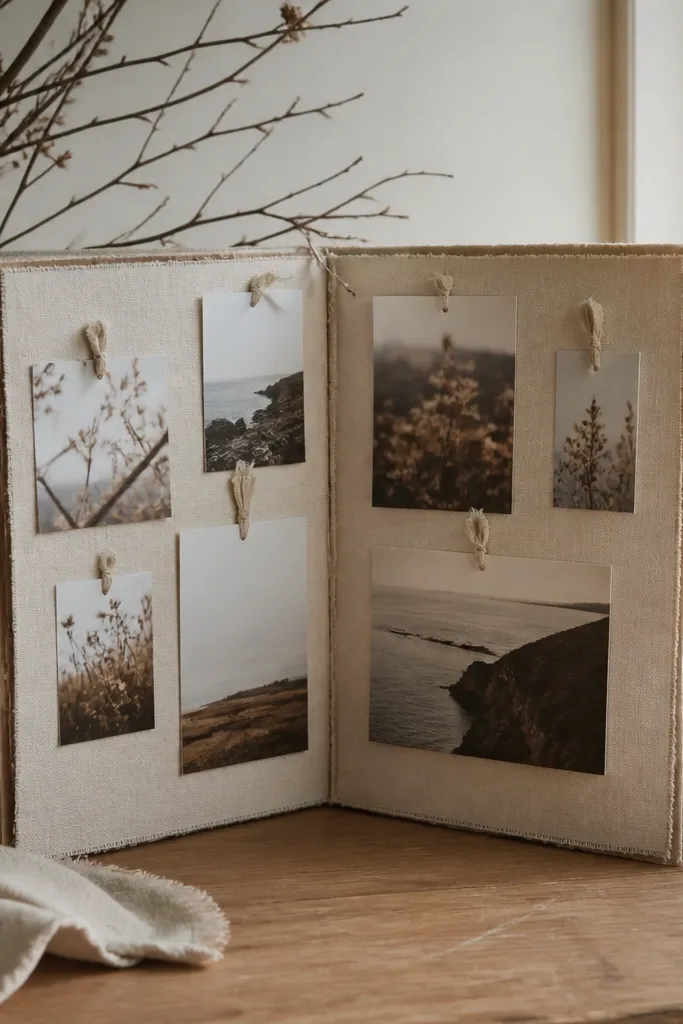 Book pages layered under a linen fabric sheet with small pinned details
