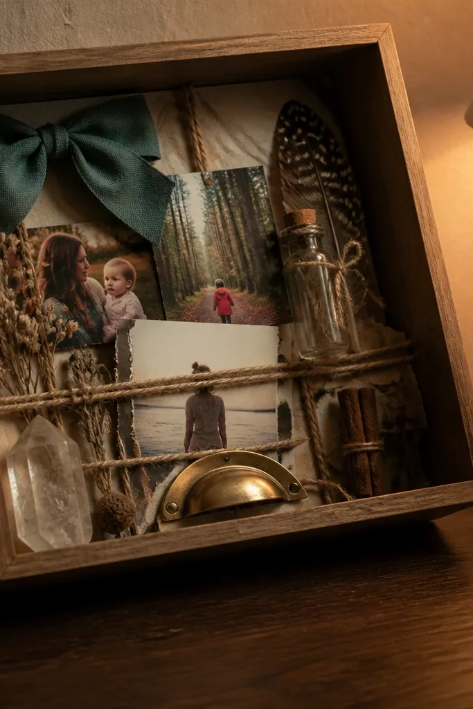 Small shadowbox with layered cards, twine, and a drawer pull used as a hanging detail