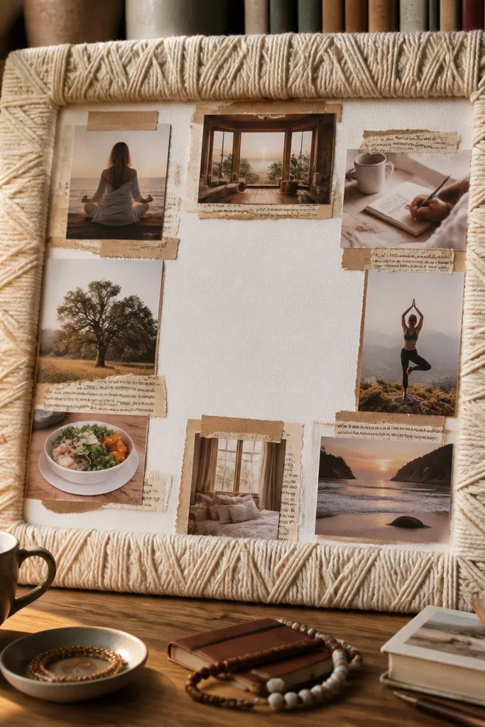 Frame wrapped in chunky yarn with photos bordered by torn paper edges