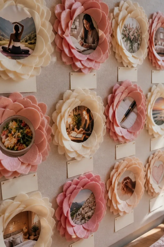 Felt flower layers surrounding photos with warm cream and rust tones