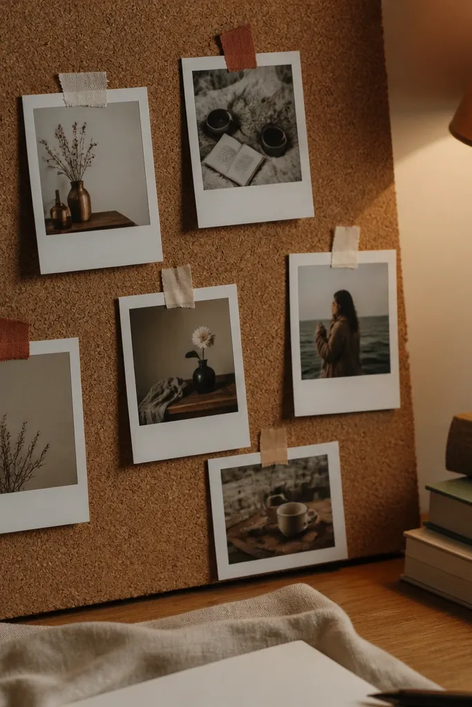 Polaroid-style photos clipped with fabric tape hinges on cream board