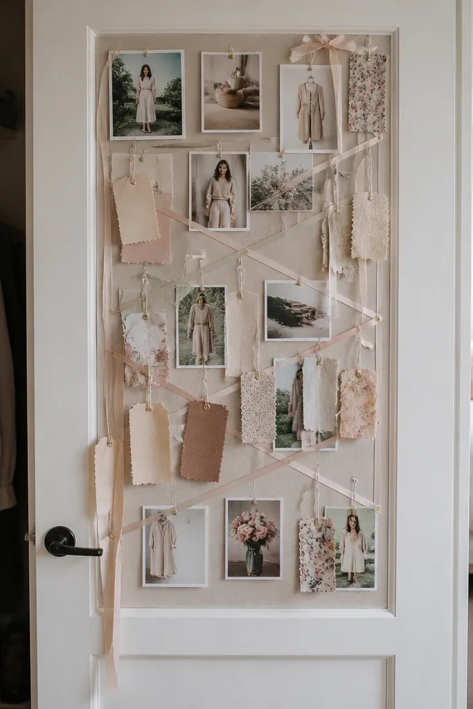 Vision board on closet door with ribbon lacing and hanging fabric tags