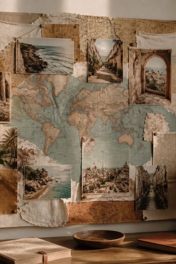 Board with upcycled map scraps and linen pinned corners holding photos