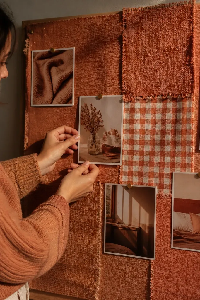 Patchwork fabric squares with a single theme color around photos on a board