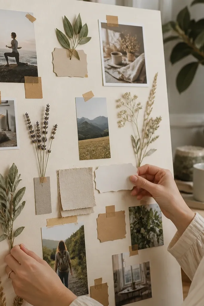Pressed herbs and candle labels around photos on a cream board