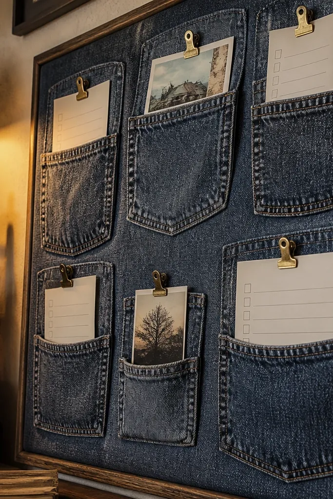 Denim pockets stitched on a board with mini clips holding cards