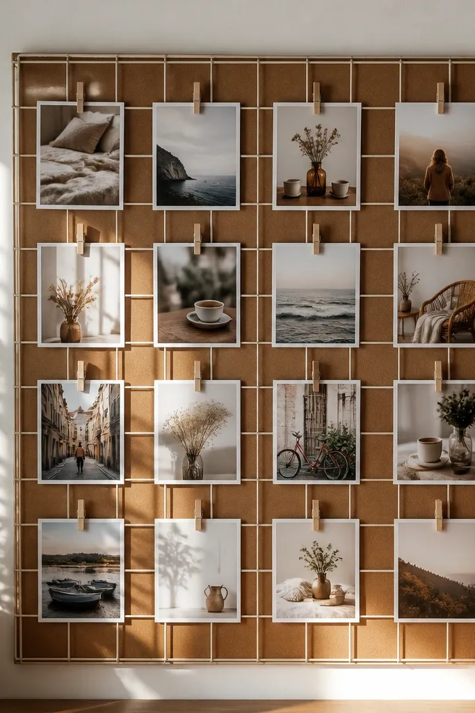 Clothespins holding photos on a grid board with warm neutral background