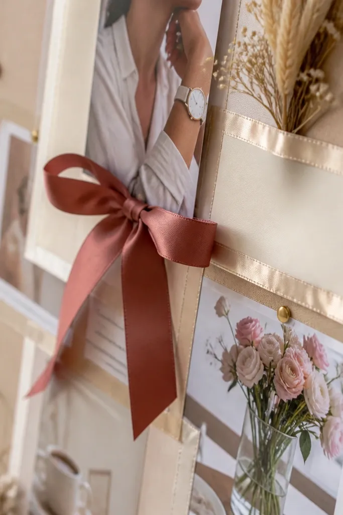 Board with a ribbon bow corner, satin-edge labels, and warm cards