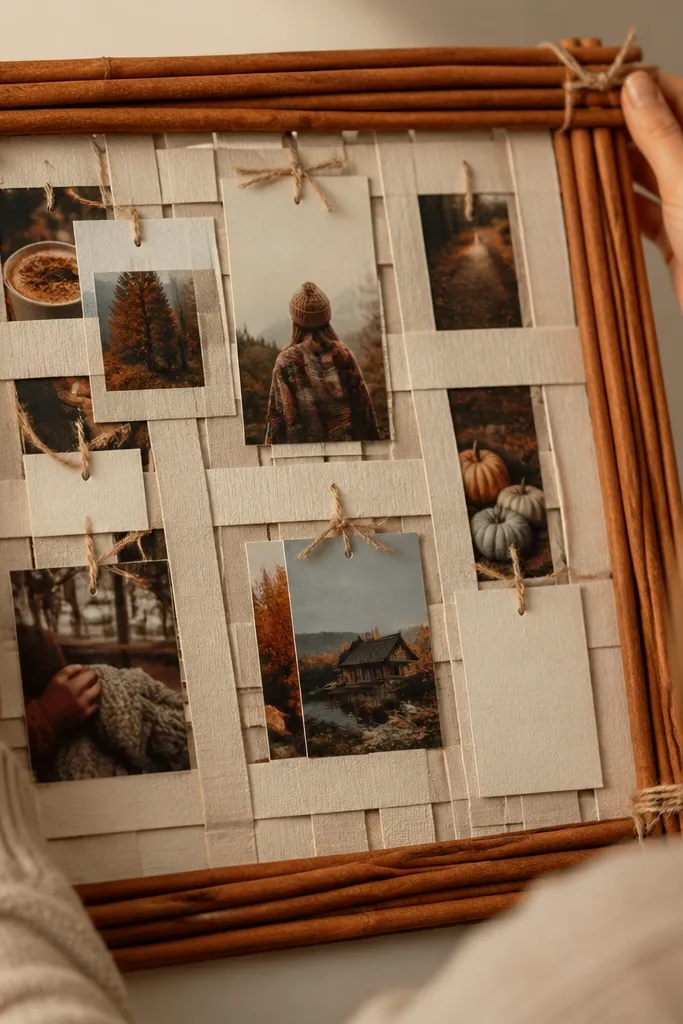 Paper lattice grid board with cinnamon sticks and warm photos