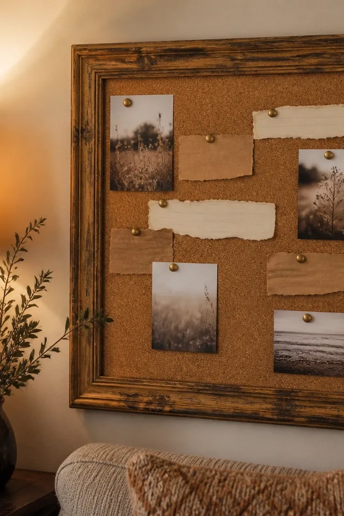 Old thrift frame over corkboard with torn quote strips and warm images
