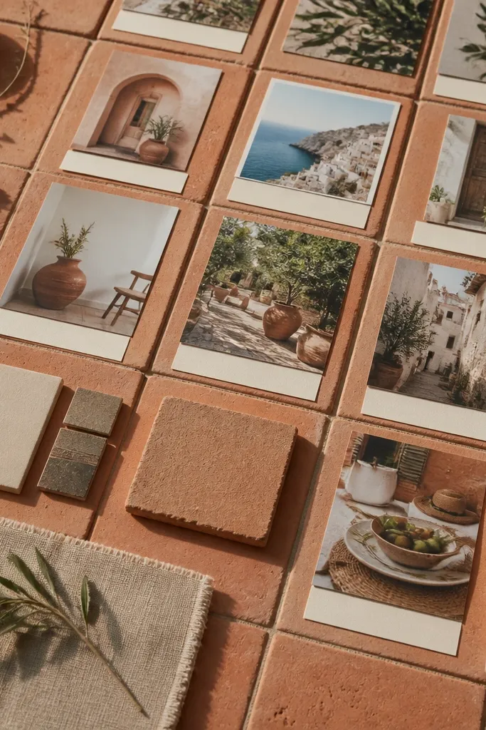 Terracotta tile board with small clusters pinned and warm labels