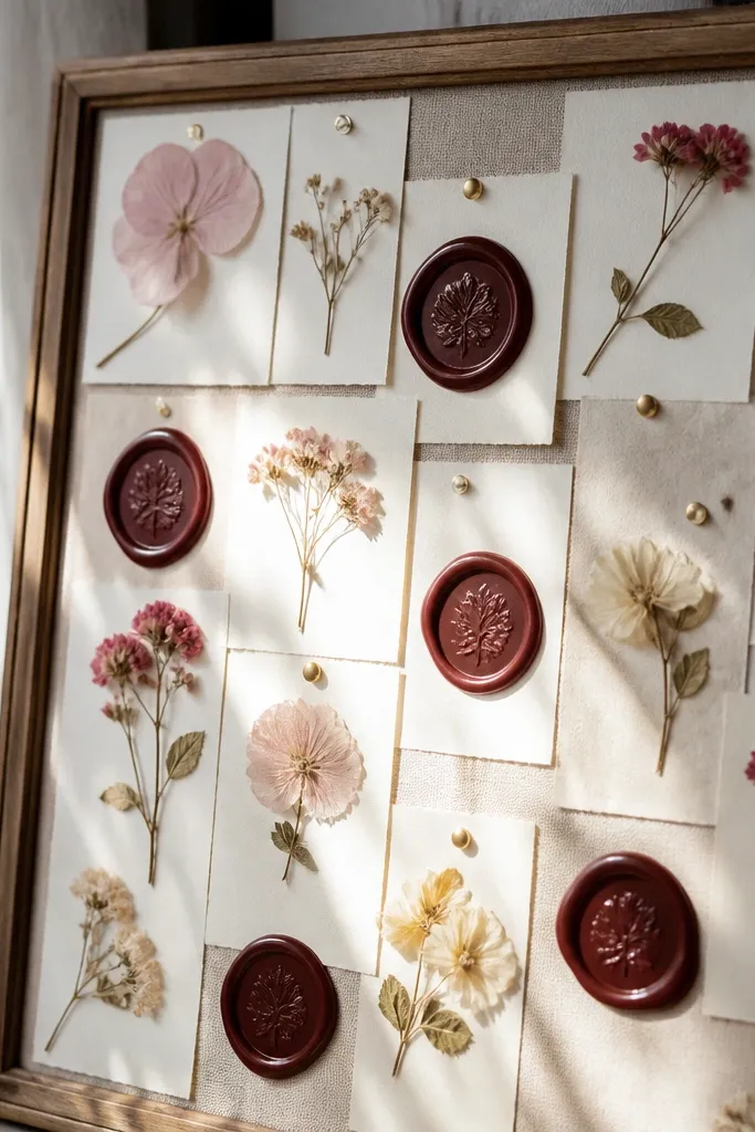 Pressed flowers under glass with wax-sealed note cards pinned