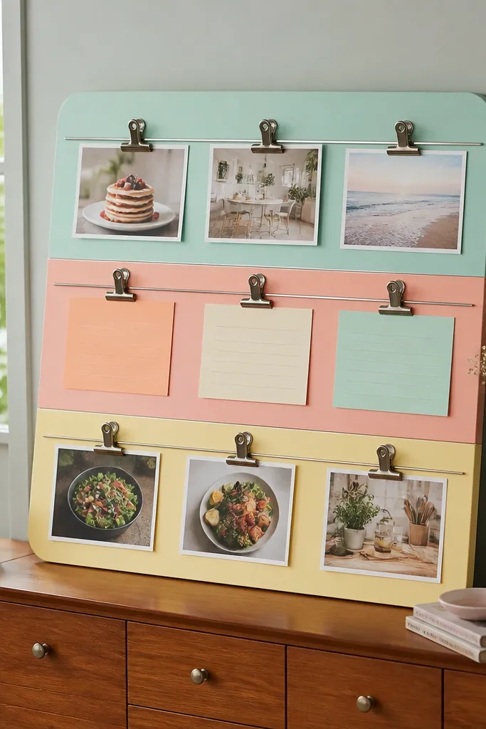 Pastel menu strips clipped to a board in stacked sections
