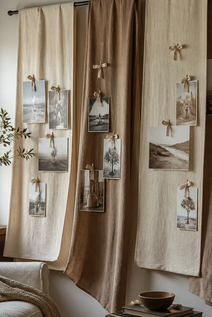 Fabric strips hanging from a small rod with tags and pinned cards