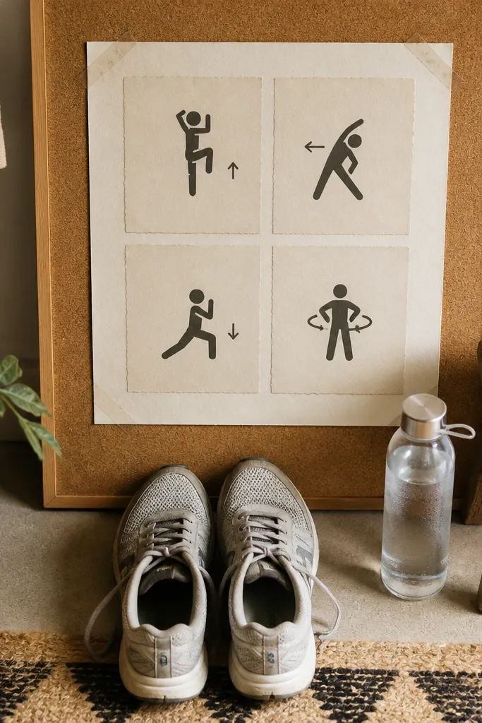 Cream paper grid with four warm-up steps and small icons