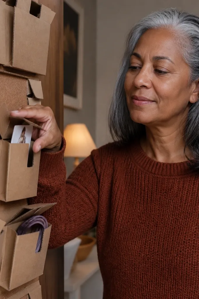 Cardboard pockets holding folded workout cards on a board