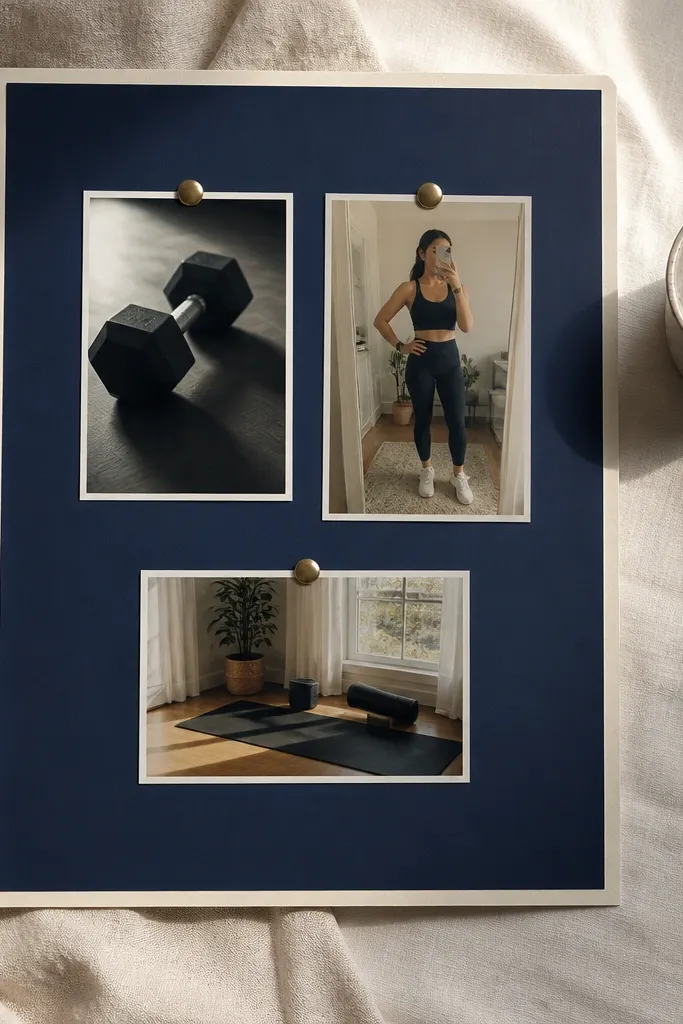 Deep navy mats with oat-colored borders around workout images