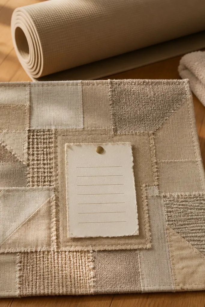 Oatmeal fabric patchwork square with a stretching routine list