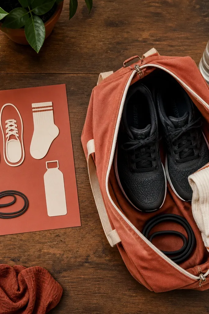 Terracotta card with a flat lay of gym essentials and notes
