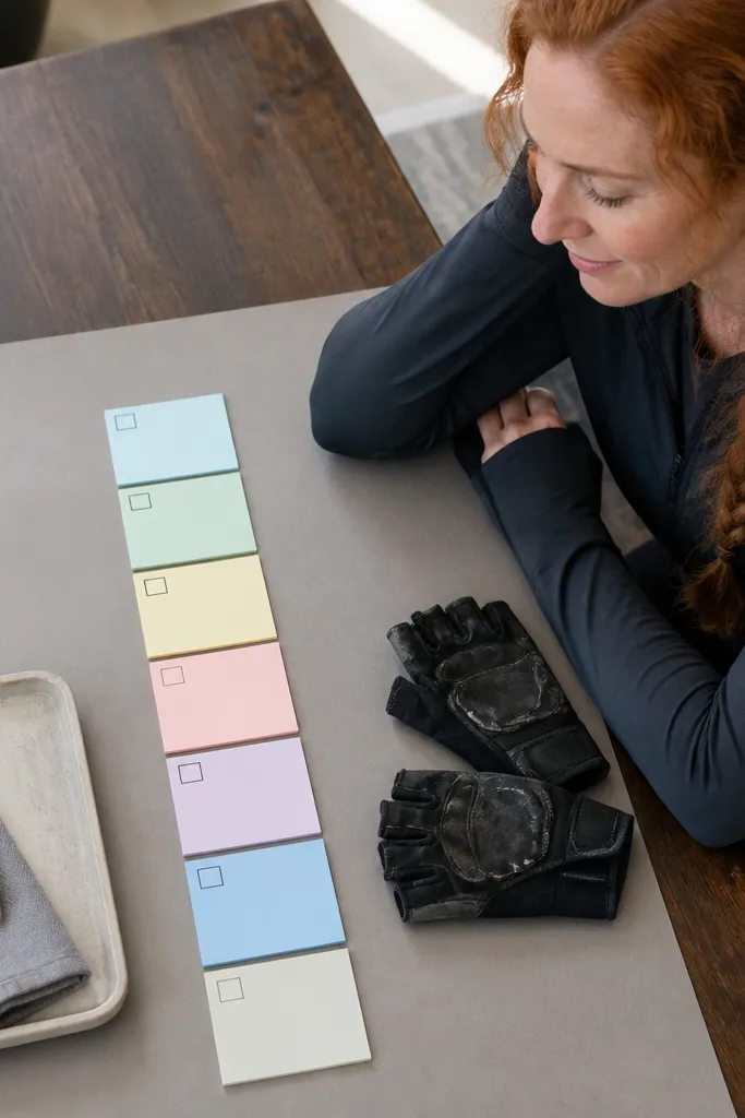 Warm gray board with a vertical ladder of sticky notes for workouts