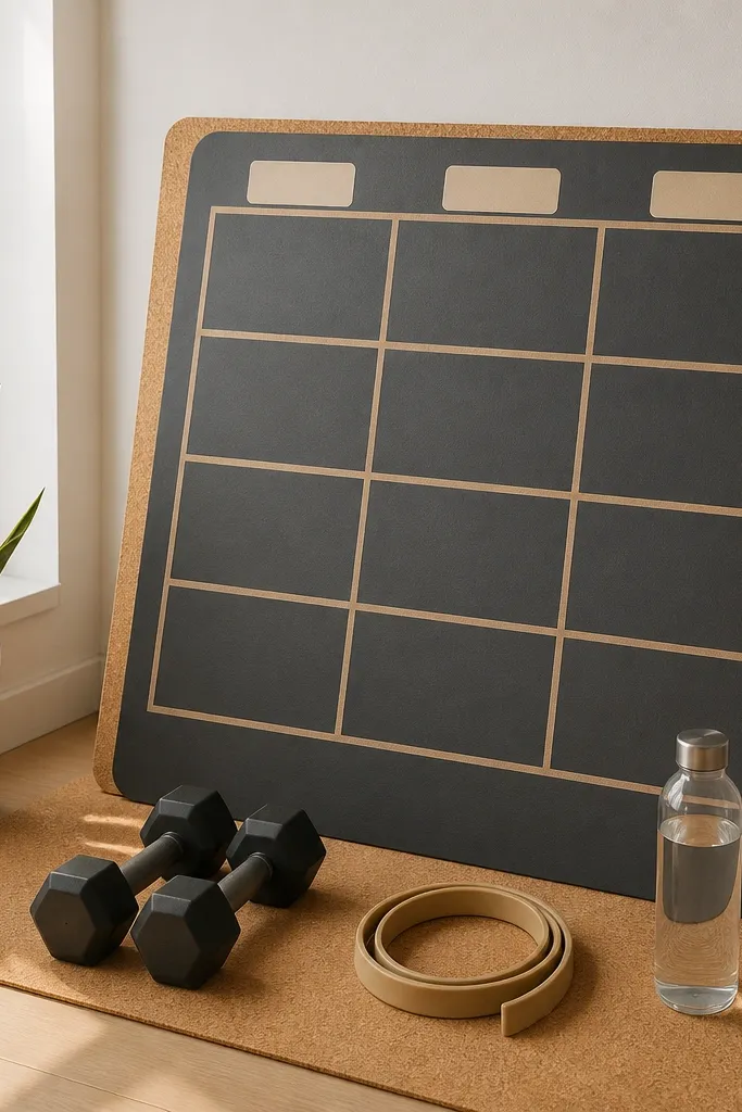 Beige grid with labeled spots for dumbbells, band, and water