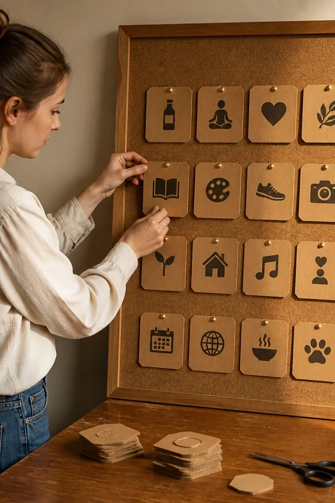 Honey cardboard tiles with rounded corners and small goal labels