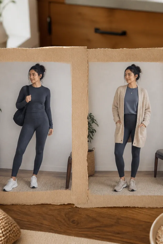 Two outfit photos side by side with oat border and workout labels