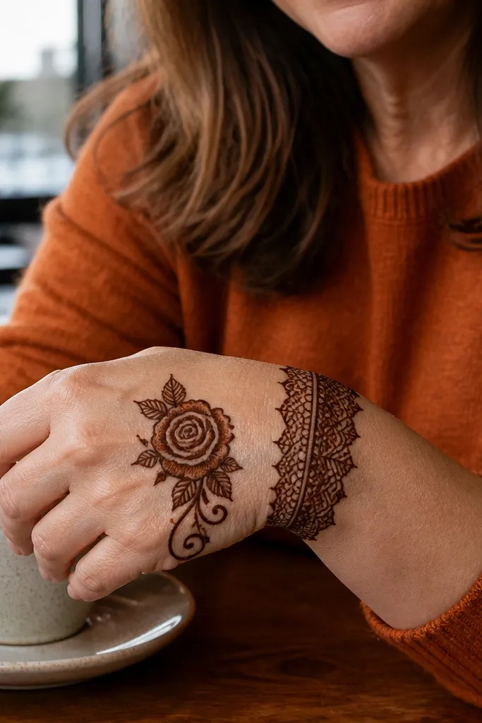 Wrist band with a single rose climbing the center of the back hand