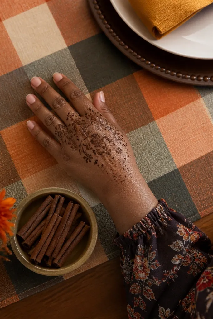 Fan pattern across knuckles with small five-petal flowers and dots
