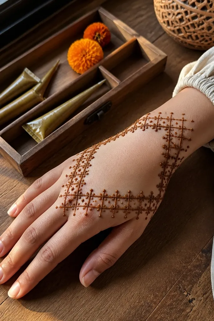 Lattice corners framing a clear center on back hand with small leaves