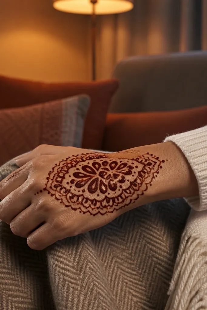 Scalloped border around back hand with a central teardrop cluster