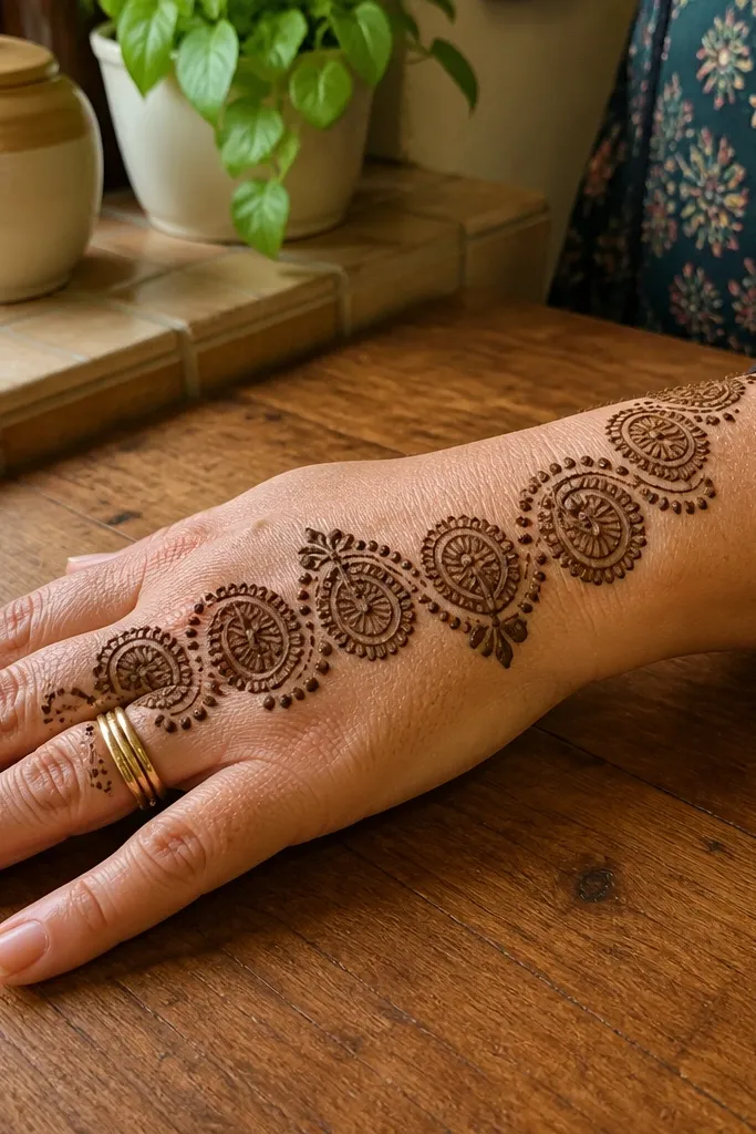 Paisley ladder pattern across back hand with alternating directions and dots