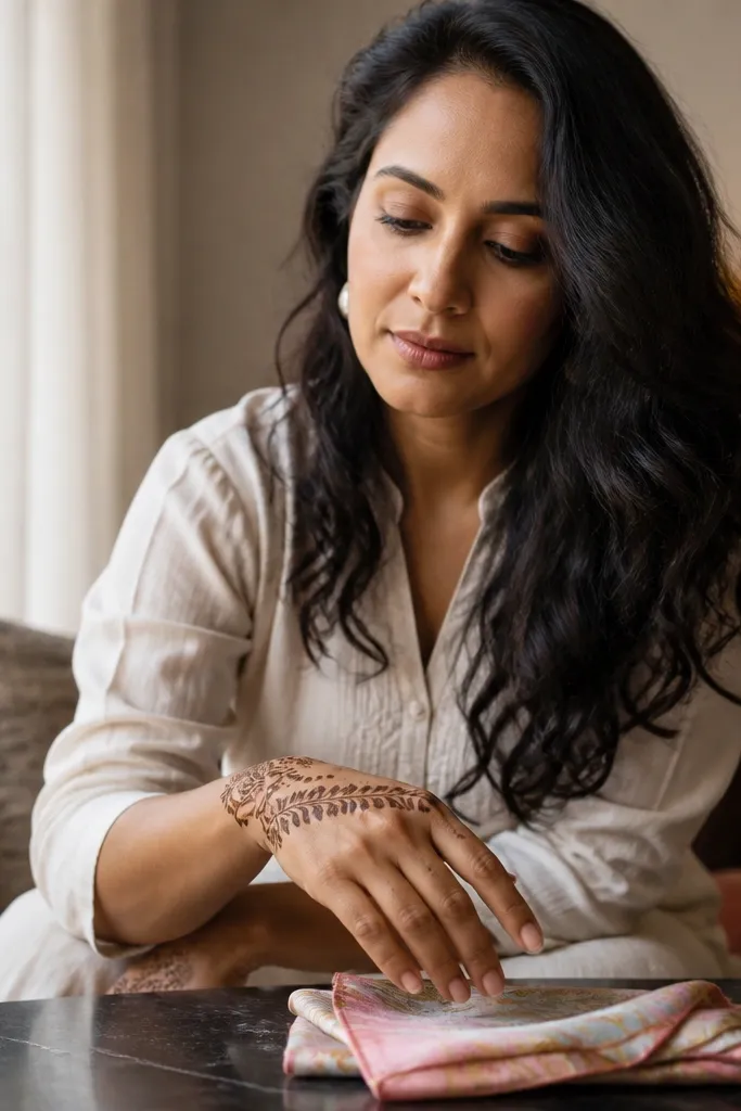 Open lace band across back hand with dot knots and leaf curls